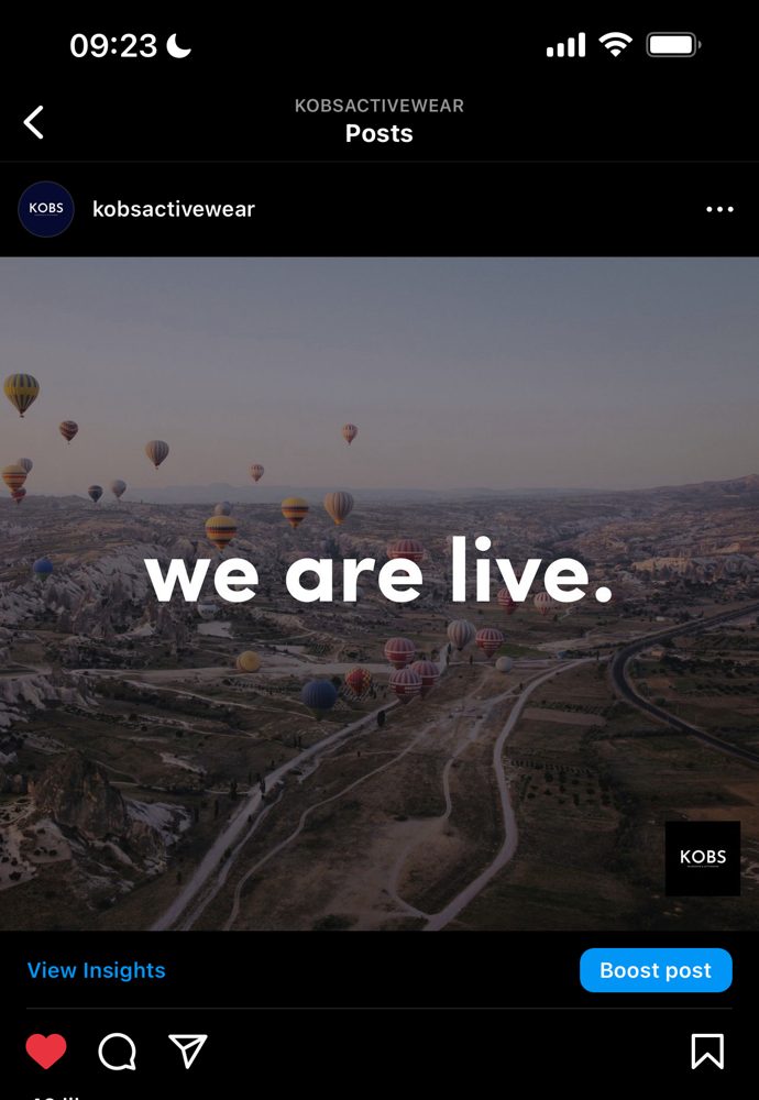 KOBS Activewear Instagram launch post reading we are live