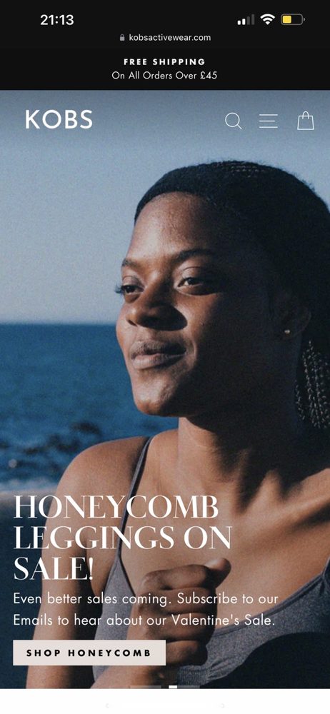 The KOBS online store on a phone, showing a Honeycomb leggings sale