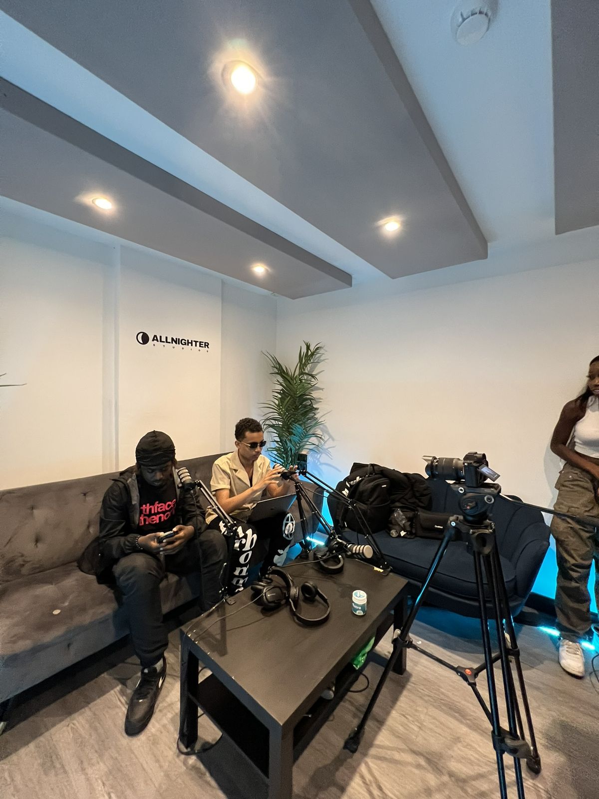 A podcast set with microphones and cameras at Allnighter Studios