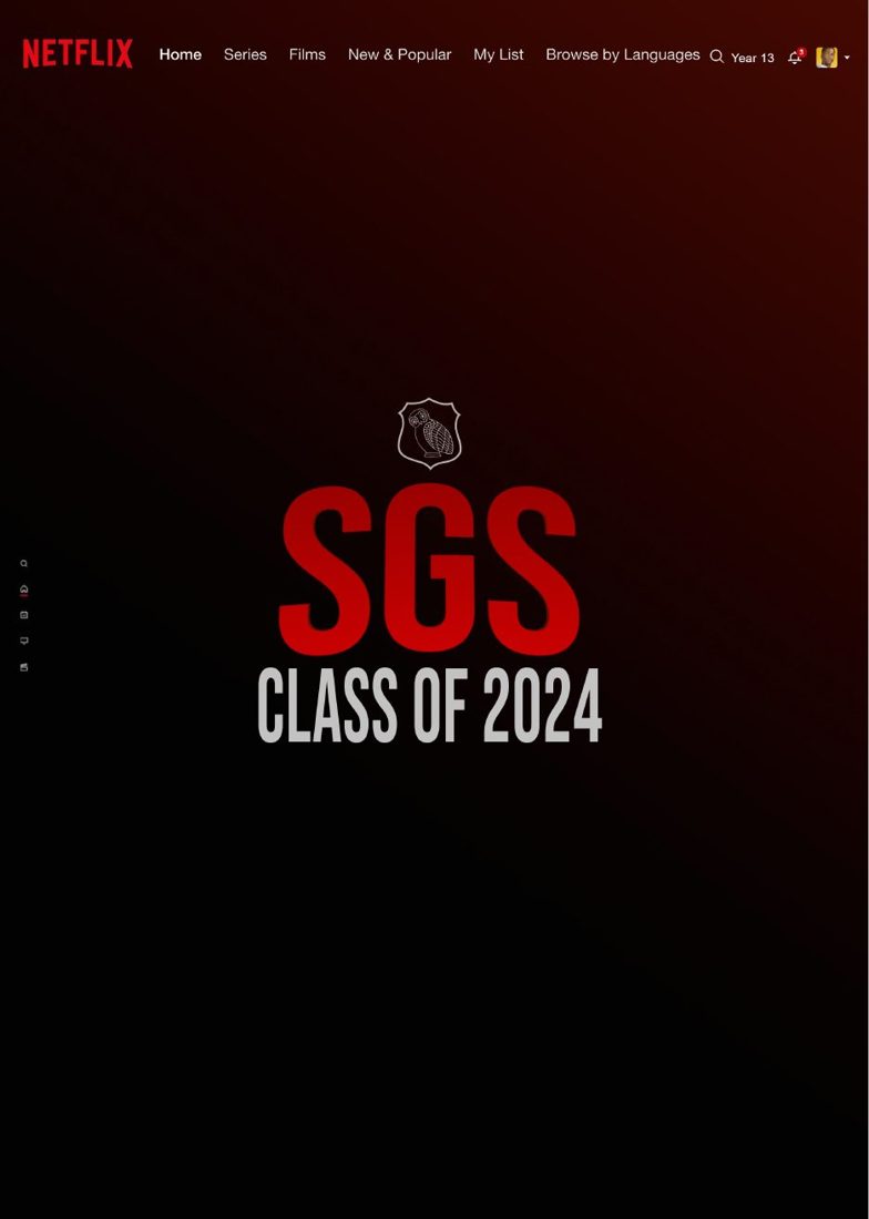 Yearbook cover styled as a streaming-service home screen reading SGS Class of 2024