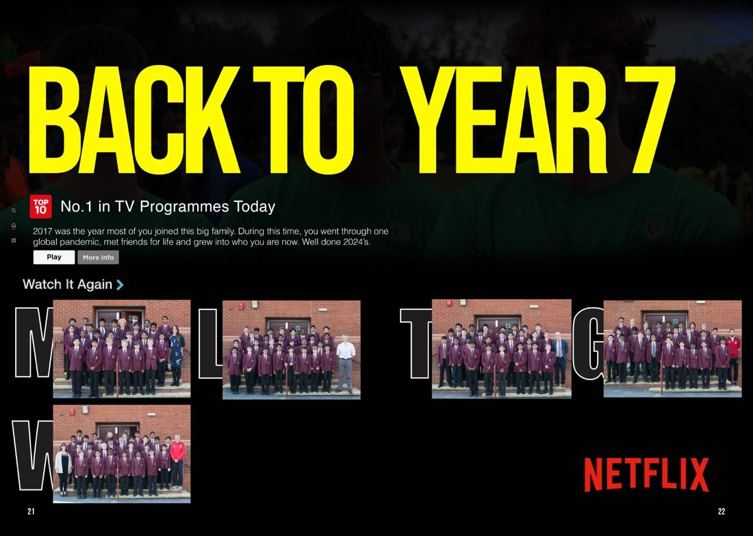 Yearbook spread titled Back to Year 7 with form group photos